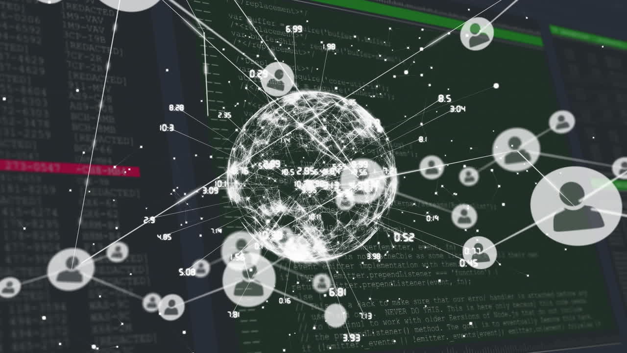 전 세계에 대한 아이콘과 검은색 배경에 대한 데이터 처리와 연결 네트워크의 애니메이션