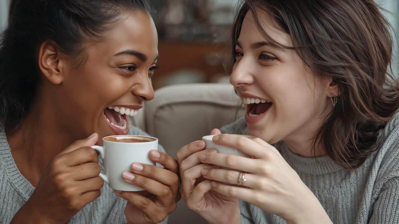 Laughing women wearing grey knit sweaters, making eye contact, chatting at home, holding white mugs
