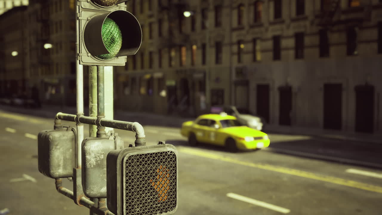 Busy street intersection with traffic lights and yellow taxi in urban area