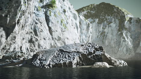 Costa-Rocosa-Del-Océano-Con-Montañas-Y-Una-Hermosa-Playa-De-Arena