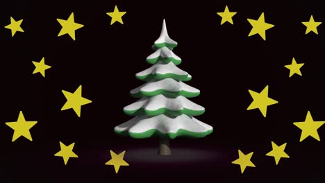 animation of christmas stars falling over fir tree on black background