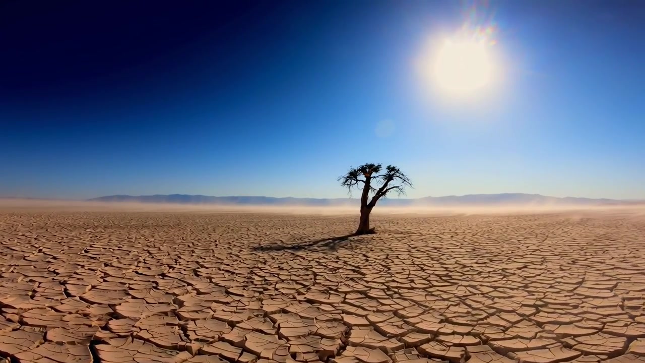 Albero resiliente in un vasto deserto secco e crepato sotto un cielo soleggiato