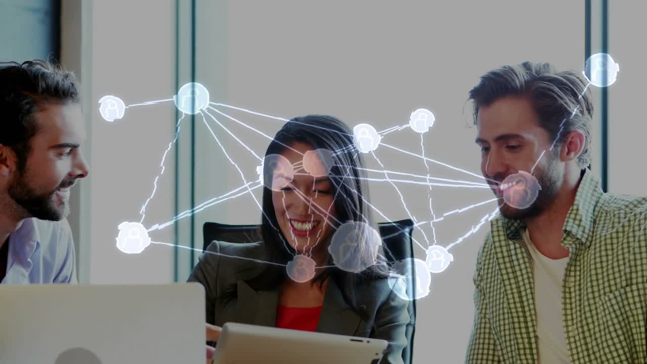 Center woman tapping tablet driving world map overlay moving while trio reviewing global business