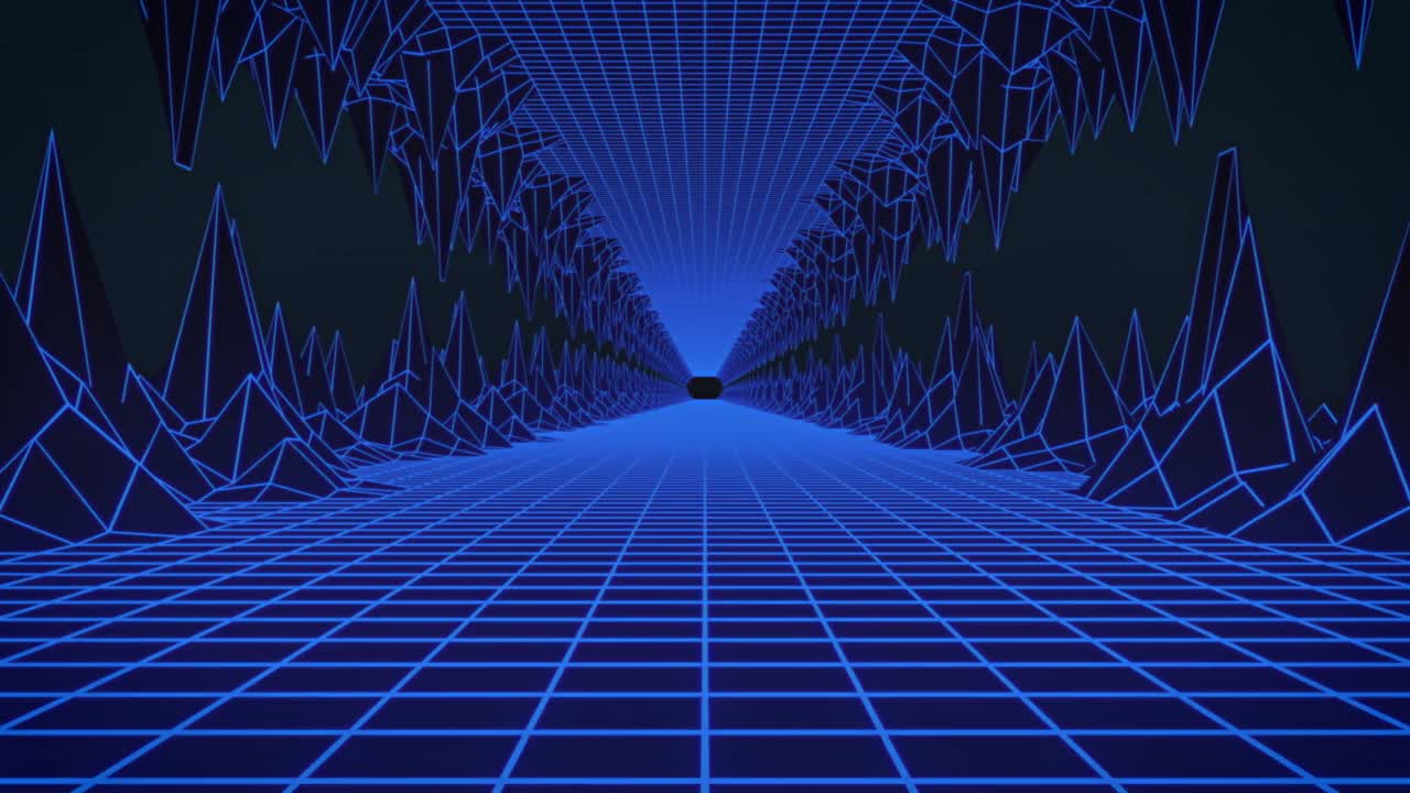 빛나는 파란색 그리드 터널의 애니메이션이 끊임없는 루프로 움직입니다.