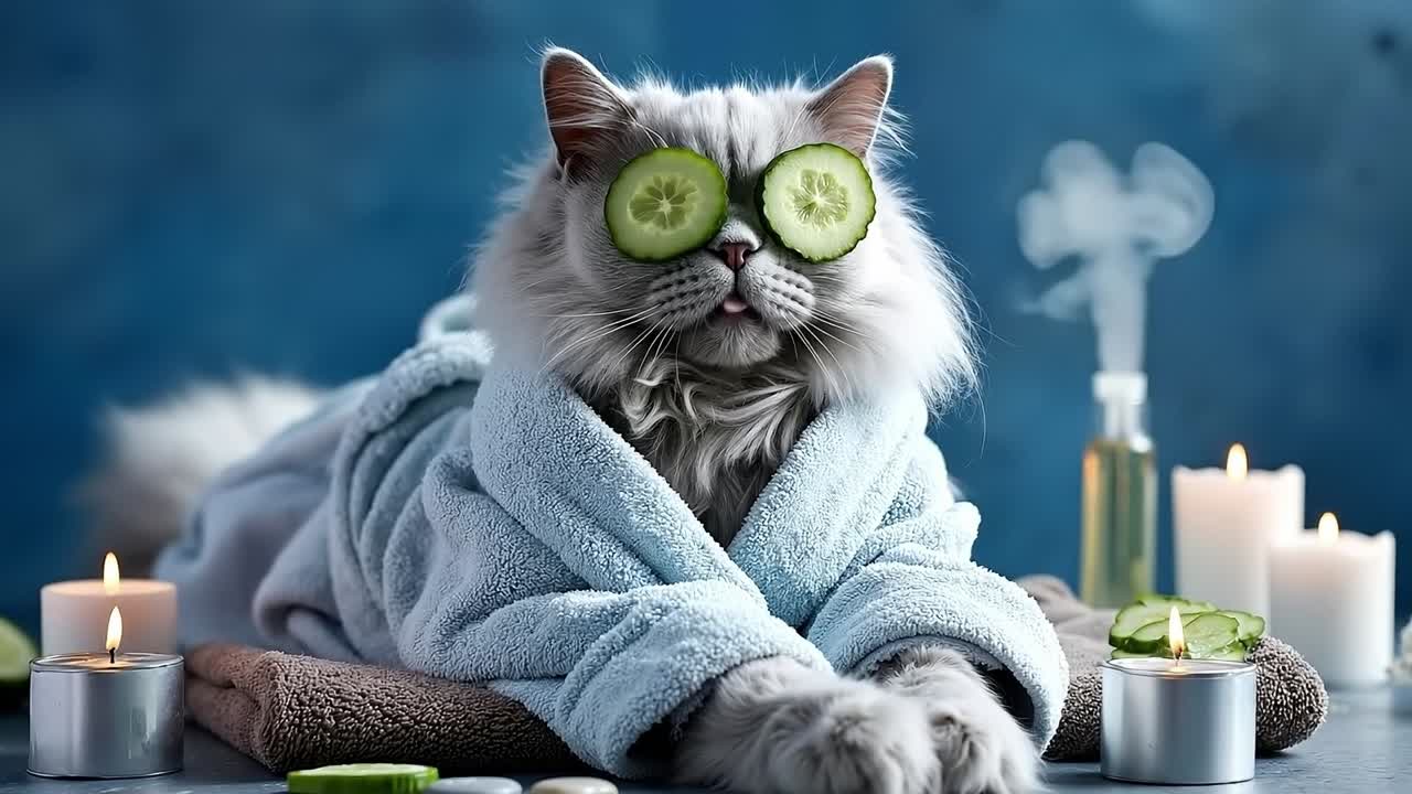 Un chat en peignoir avec des tranches de concombre sur les yeux