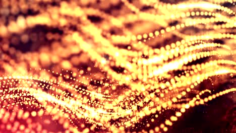 3d render loop animation of glow particles form oscillating lines as swinging garland as holyday background or abstract background of particles with depth of field and bokeh like vj loop. red gold 16