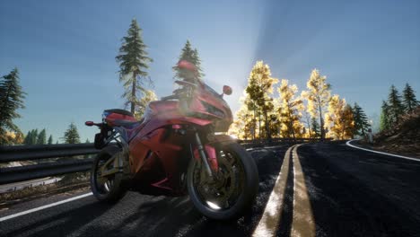 sportbike on tre road in forest with sun beams