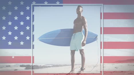 American-flag-with-glitch-effect-against-african-american-man-with-surfboard-at-the-beach