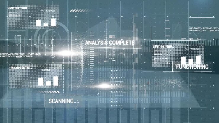Animation of interface with data processing against landscape with mountains and sea