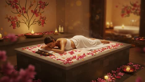 a serene spa experience: a tranquil setting with soft lighting, flower petals, and calming massage rituals creating the perfect atmosphere for relaxation and rejuvenation