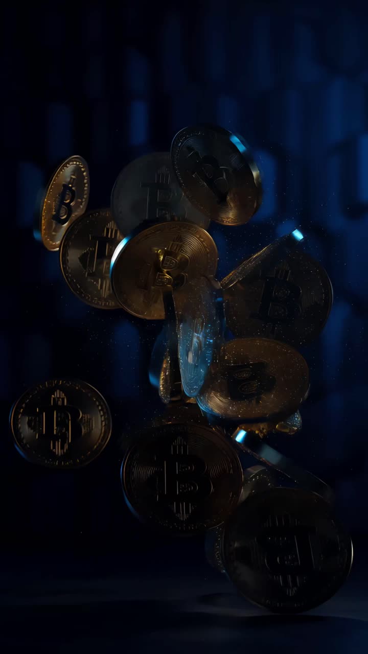 Animação de Bitcoin Dourado Girando em Fundo Escuro Cripto Cinematográfico 4K