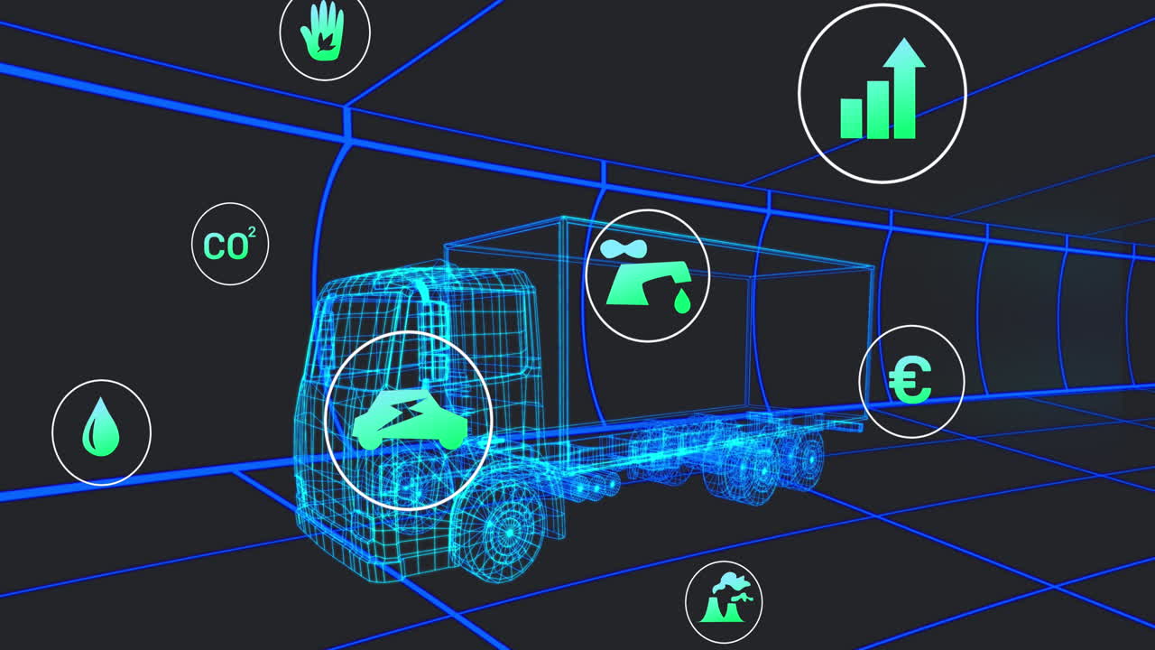 animación de múltiples iconos digitales sobre un modelo de camión 3d que se mueve en un patrón sin costuras en un túnel