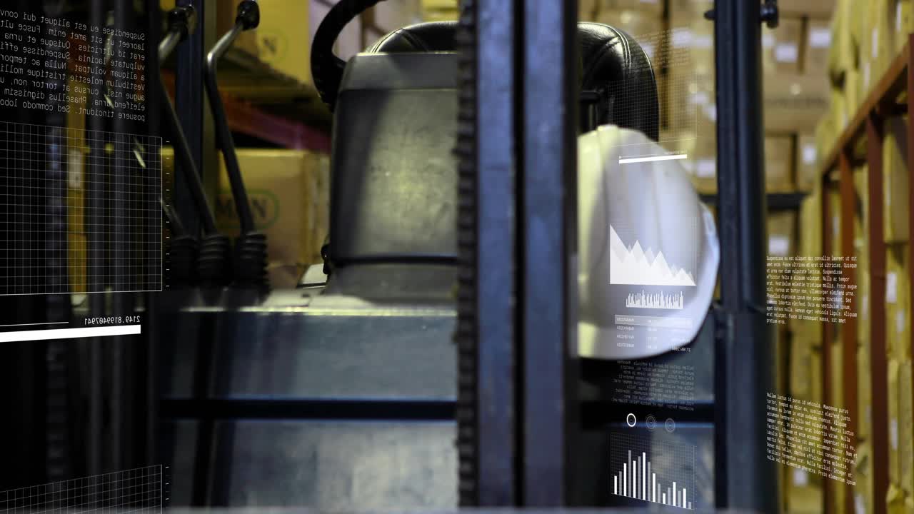 Forklift entering aisle showing cloud icon then sliding expanding fading charts into inventory data