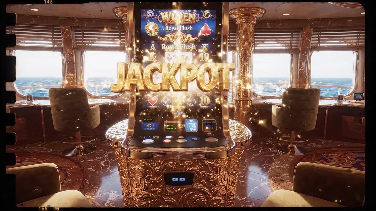 Interno di casinò di lusso con slot machine dorate e vista panoramica sull'oceano sullo sfondo, che cattura l'essenza di un'esperienza di gioco di alta qualità.