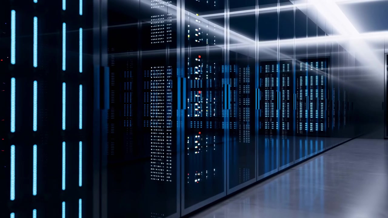 Bredt interiørbilde av en moderne datasentergang som viser lange rader med serverrack med blå og hvite indikatorlys, glansfulle glasspaneler, metallskap, mørke refleksjoner og sterk perspektiv.