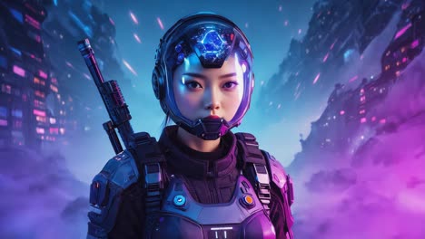 cyberpunk asian woman in futuristic cityscape