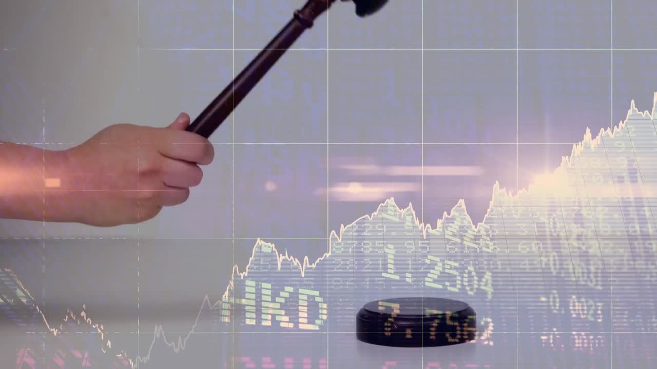 Animation of statistics and financial data processing over auctioneer's hammer