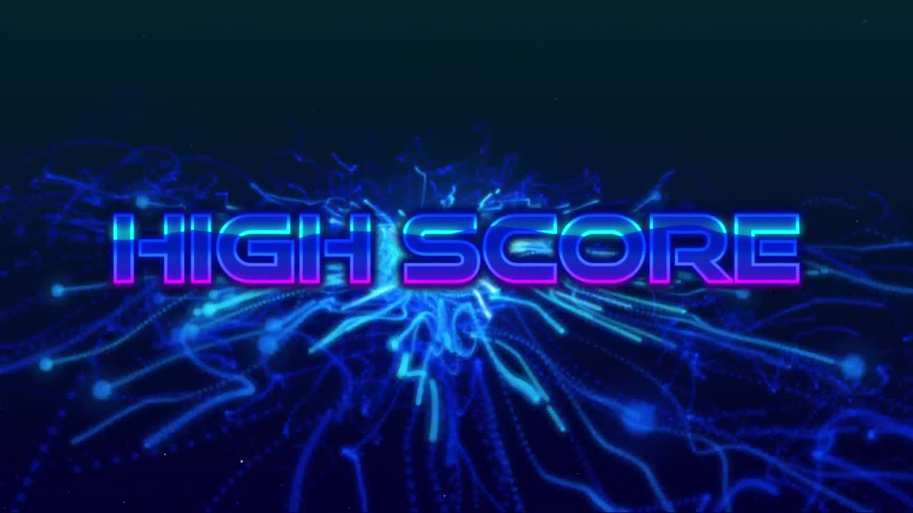 Animation of high score text in blue metallic letters over explosion of blue light trails