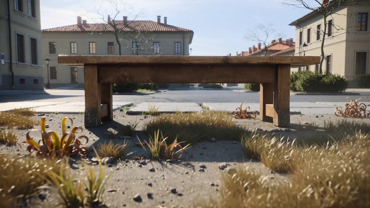 Telecamera che si alza rivelando una panchina di legno su una piazza pavimentata, inquadrando erbe, piante grasse e tetti in tegole