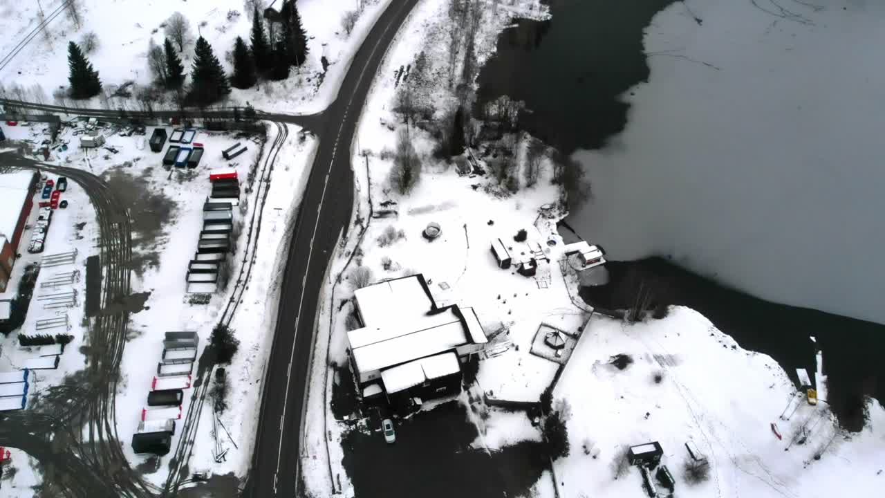 Drone shot of a snowy landscape in Sweden.