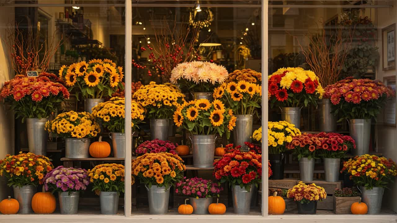 Vibrant Display of Colorful Flowers in a Shop Window with Sunflowers, Mums, and Decorative Pumpkins Creating a Cheerful Autumn Ambiance