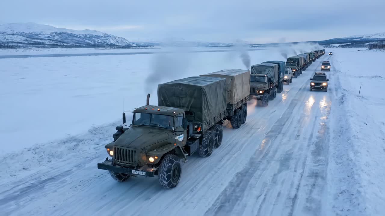 Militär lastbilskonvoj som kör på frusen väg i ett snöigt arktiskt landskap