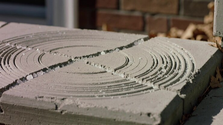 Pulling camera revealing concrete slab with concentric grooves at porch, showing diagonal joint