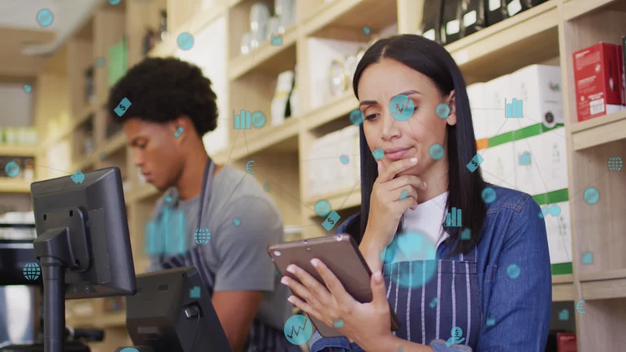 animación de iconos de negocios sobre diversos asistentes de tienda trabajando.