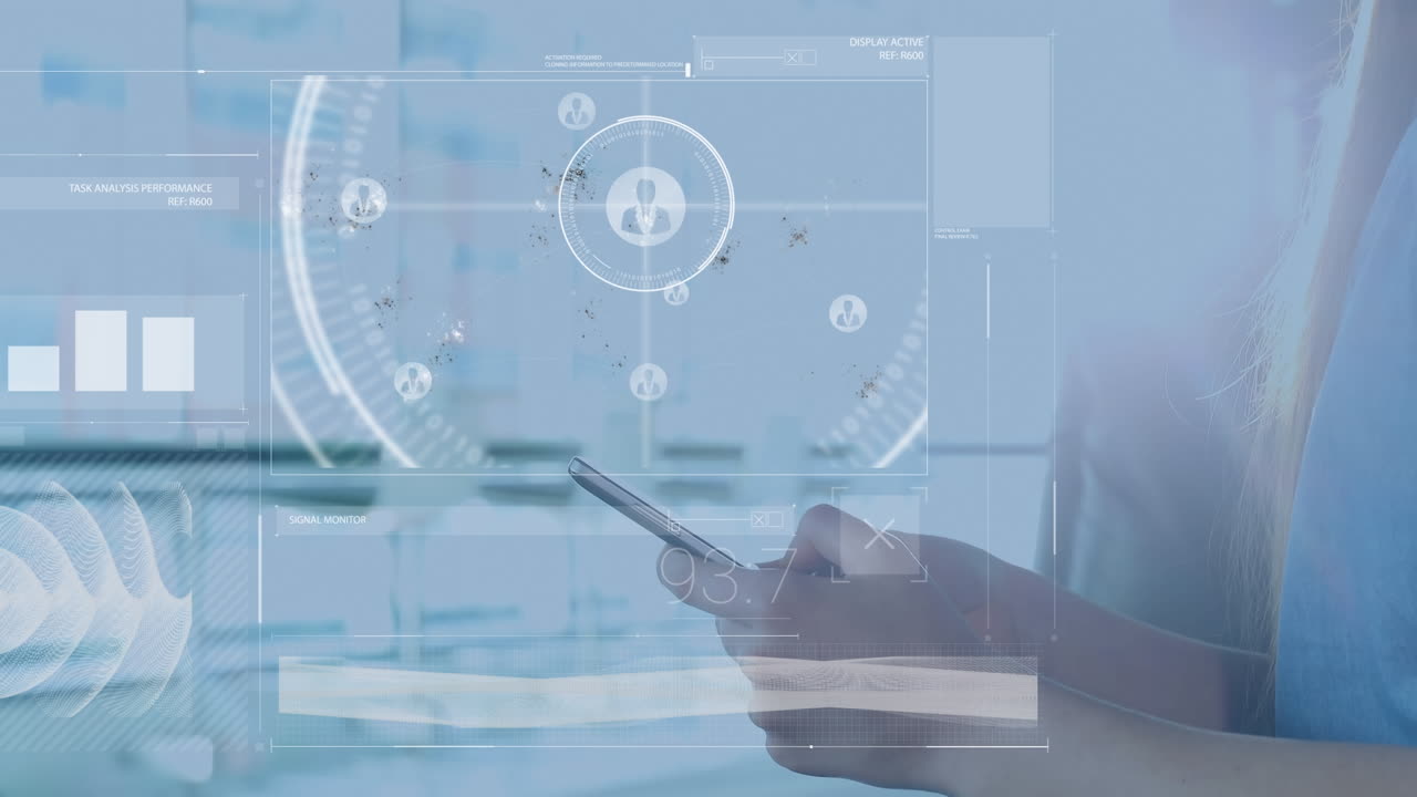 스마트 폰을 사용하는 백인 사업가 여성에 대한 데이터 처리 애니메이션