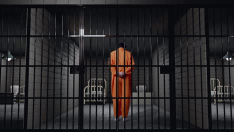 cuerpo completo vista de atrás del prisionero masculino asiático trata de quitarse las esposas mientras está de pie en la prisión