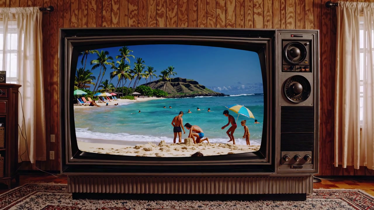 Vintage TV som viser en tropisk strandscene med familie