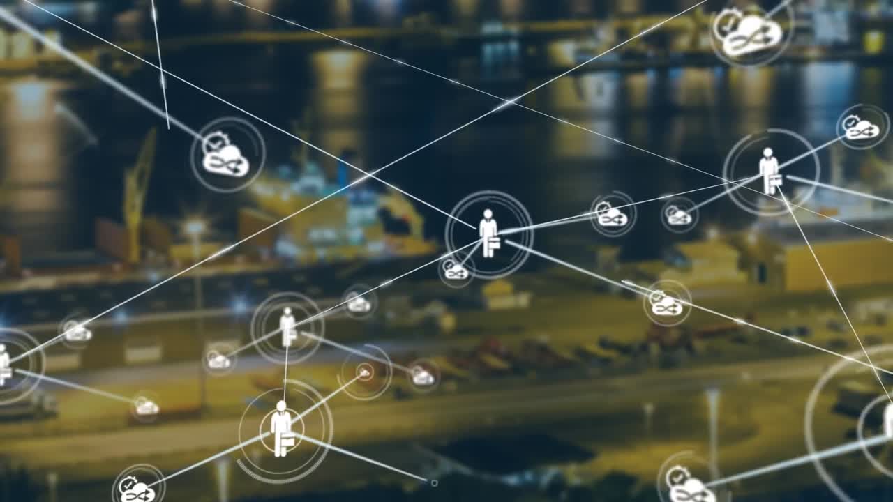 animación de la red de conexiones sobre el paisaje urbano