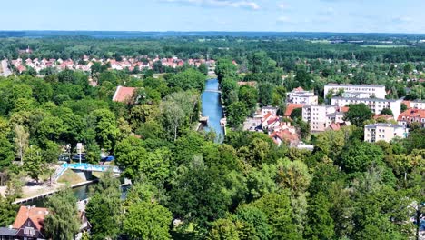 boat canal and gizycko township, aerial panoramic view
