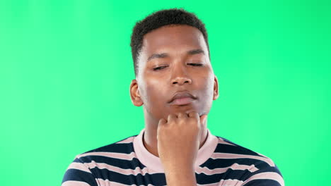 thinking, brainstorm and black man on green screen
