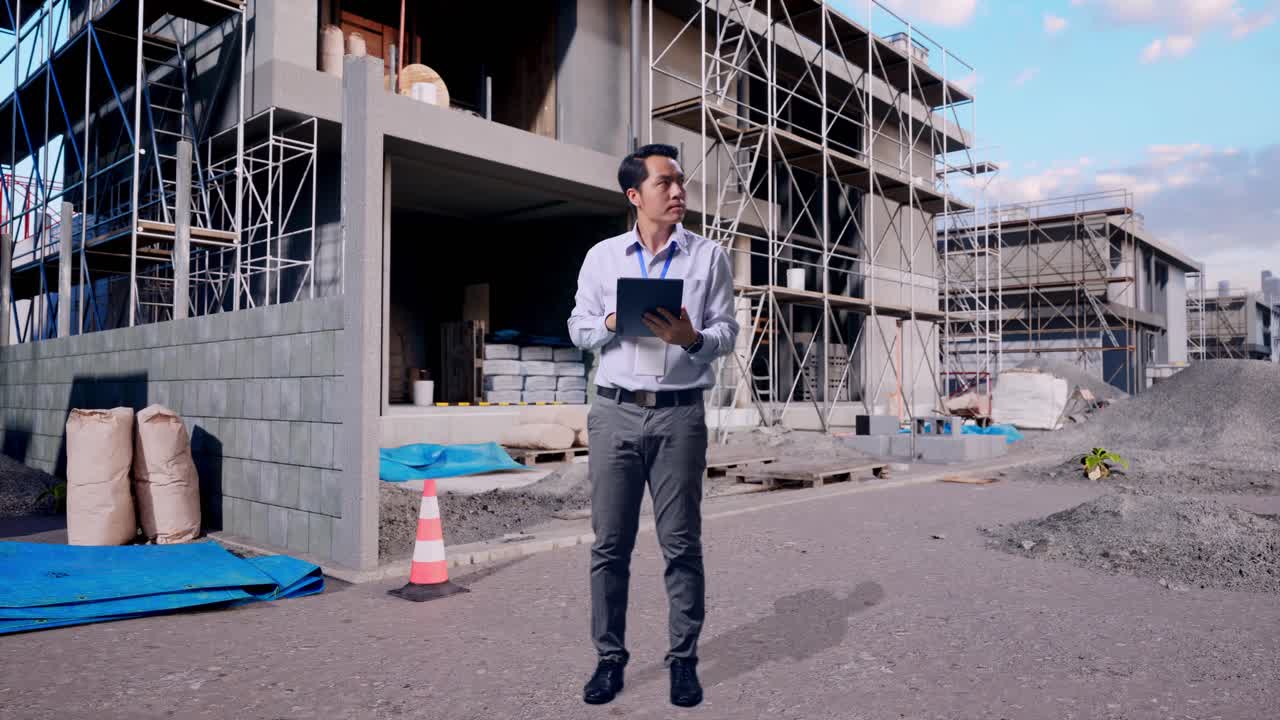Vista lateral de cuerpo entero de un trabajador profesional asiático en una obra en construcción para una nueva casa, que observa mirando hacia arriba antes de concentrarse en la tableta y seguir escribiendo