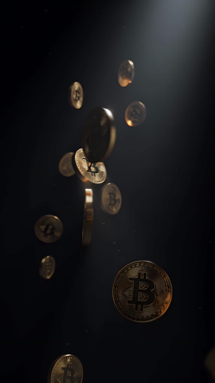 Animazione rotante di Bitcoin dorato su sfondo scuro, criptovaluta cinematografica 4K.