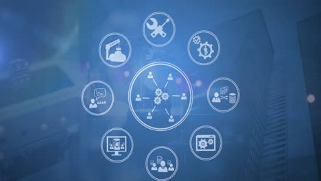 Animation-of-network-of-business-and-work-icons-and-cogs-on-blue-background