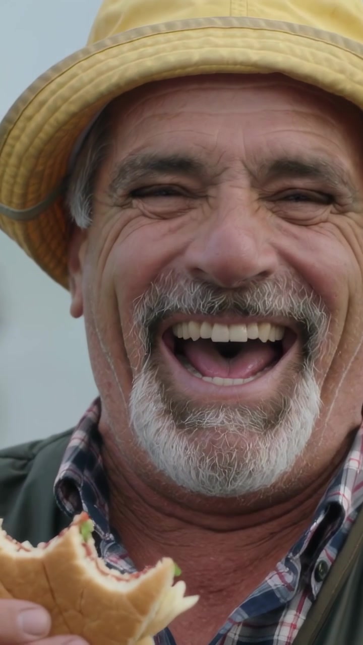 Video verticale: Uomo con cappello che ride, con un sorriso mutevole, mentre la telecamera inquadra un molo, mangiando un panino.