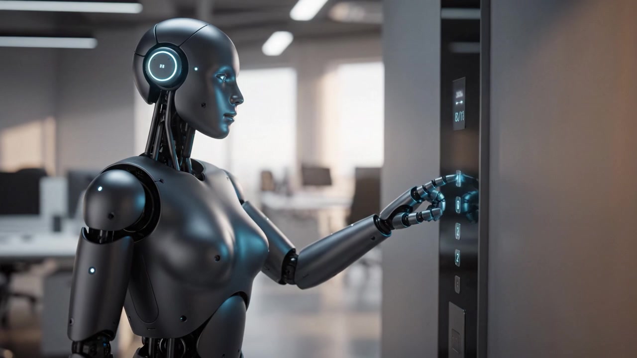 Un robot humanoide futurista interactúa con una interfaz digital en un entorno de oficina moderno, mostrando tecnología avanzada y robótica en entornos cotidianos