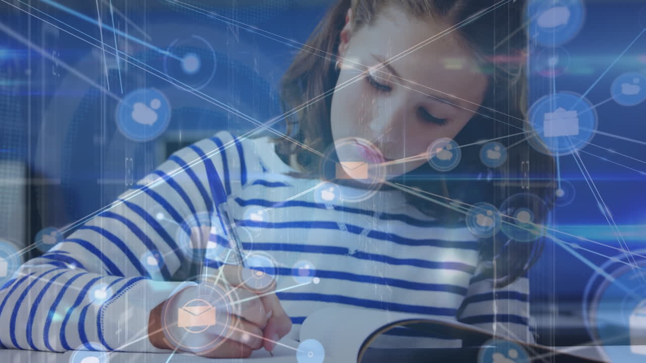 animación de la red de conexiones con iconos sobre el estudiante caucásico