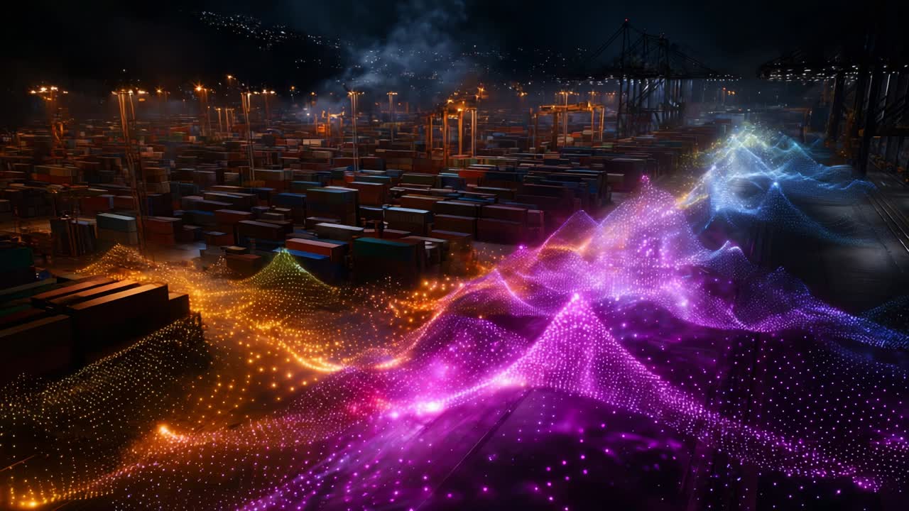 A Vibrant Display of Light and Color Rises Over a Busy Port, Showcasing a Stunning Blend of Neon Waves and Cargo Containers Against a Nighttime Skyline Filled with Activity and Energy
