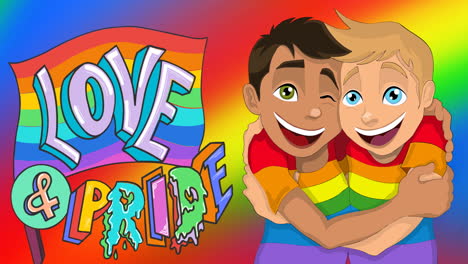 animation of love and pride text and two diverse happy boys hugging over rainbow colors background