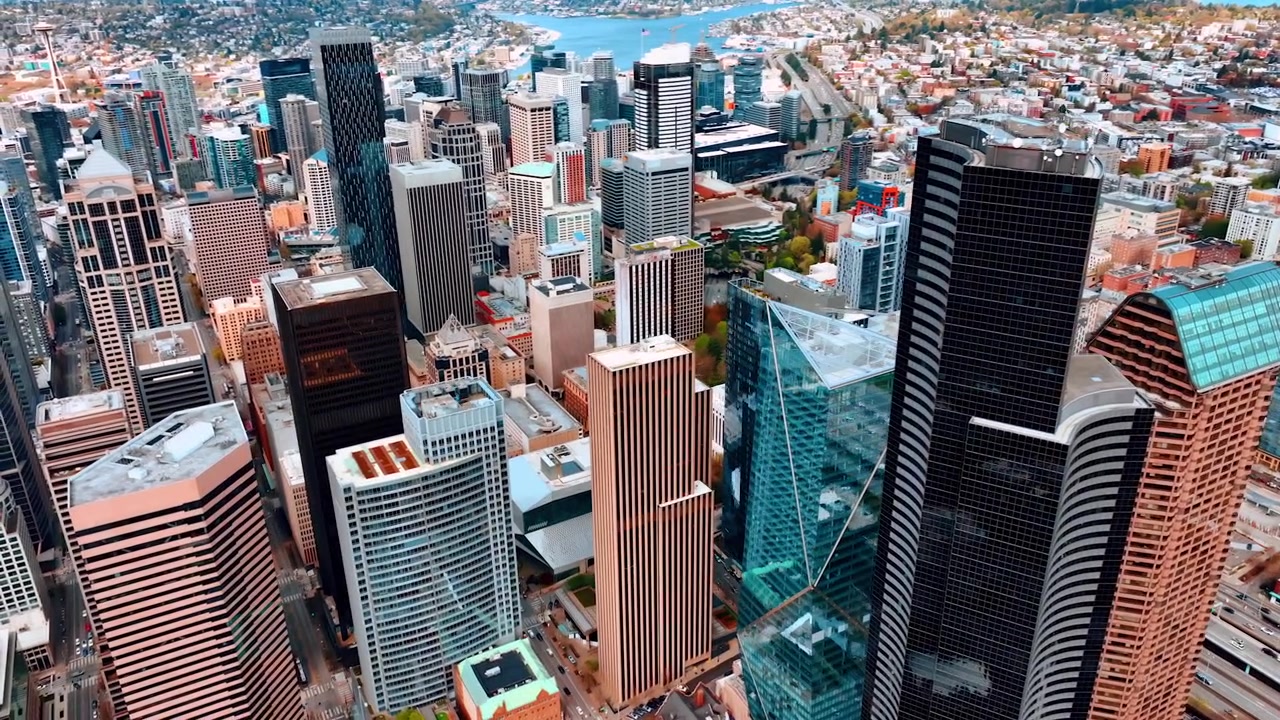 Paesaggio impressionante del centro di Seattle con moderni grattacieli dal design variegato. Riprese con drone sulla splendida metropoli di giorno.