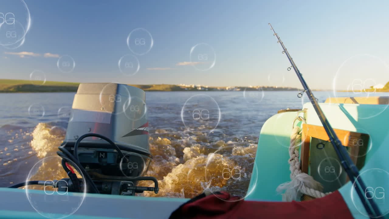 6g 네트워크 연결 애니메이션 모터 보트를 통해 물에 시 막대기