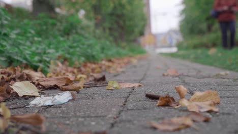 Weggeworfene-Gesichtsmaske-Auf-Dem-Weg,-Während-Der-Wanderer-Vorbeigeht