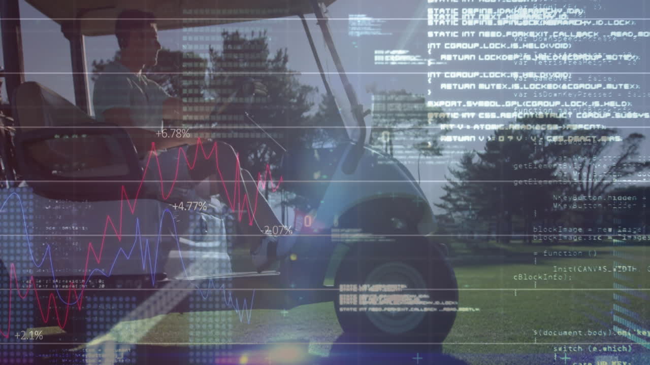 Man driving golf cart on fairway, displaying floating finance graphs and coding text overlays