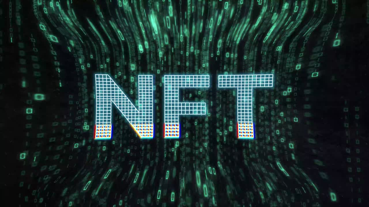 Holographic NFT Inscription On Binary Code Background Animation. NFT Metaverse Concept. 4K