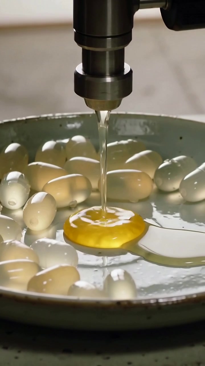 Video verticale: Ugello che inizia a versare su una padella blu sul fornello, formando un disco giallo vicino a delle capsule