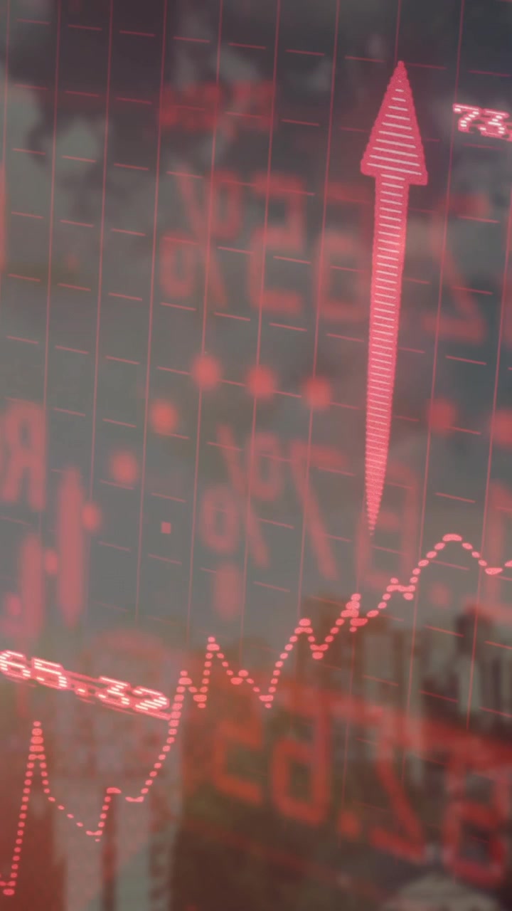 Financial data and stock market trends animation over cityscape background