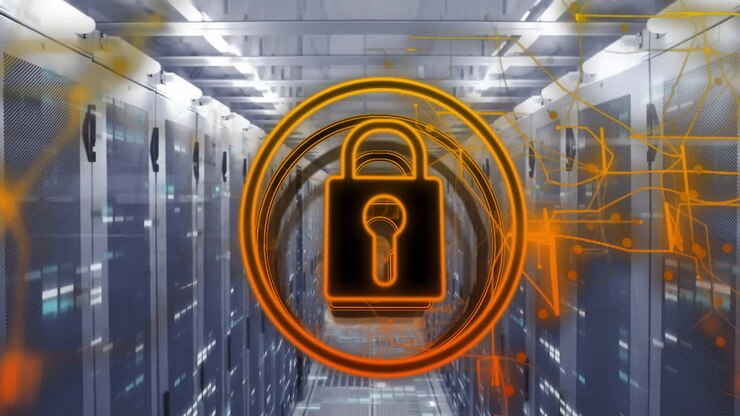 Un candado digital sobre una sala de servidores representando la seguridad informática.